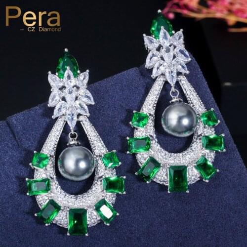 Pera Vintage Style Green CZ Grey Pearl Long Drop Hangling Fashion Earrings for Women 2019 Statement Banquet Party Jewelry E466
