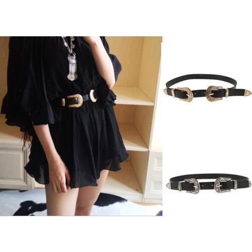 Womens Western Vintage Boho Leather Belts Double Buckle Jeans Belt Strap with 2 Pin Buckles Wide 2.4cm Gift