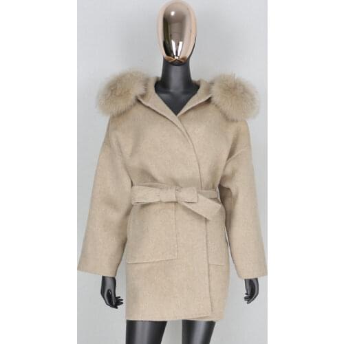 CXFS 2020 New Oversize Loose Cashmere Wool Blends Real Fur Coat Winter Jacket Women Natural Fox Fur Collar Hood Outerwear Belt