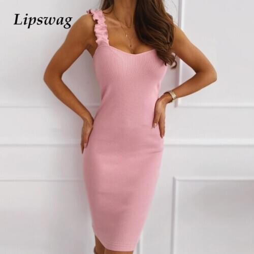 Summer Off Shoulder V Neck Party Dress Women Ruffle Sleeveless Spaghetti Strap Mini Dress Elegant Solid Casual Bodycon Dresses