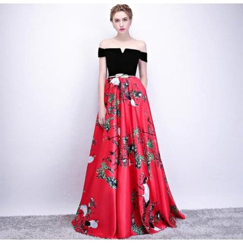 Woman Stitching Printed Evening Off-the-shoulder Strapless Dress Lady Big Swing Banquet Dress