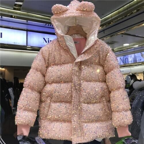 2021 Winter Coat Women Student New Cute Japanese Kawaii Hooded Sequins Thick Bread Coat Cotton Jacket Women MY399