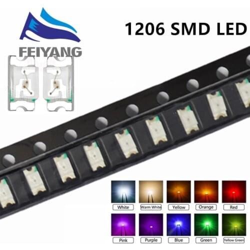 100pcs/lot 5 Colors 3216 1206 SMD Led Super Bright Red/Green/Blue/Yellow/White Water Clear LED Light Diode