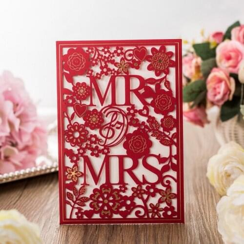 50pcs/lot Romantic Red Hollow Wedding Invitation Cards Laser Cut Marriage Invitations Mr & Mrs Printable Card Party Supplies