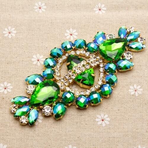 12*5.8cm Glass+resin Green Colorful rhinestone applique Gold Base wedding Dress Belt Applique Sew on Party Dress Decoration