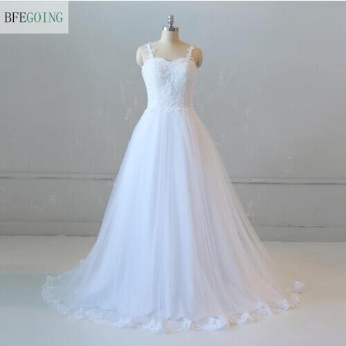White Tulle Lace Beading Spaghetti Straps Sweetheart Floor-length A-line Wedding dress Court Train Custom made