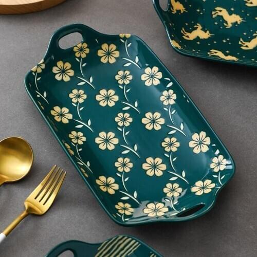 Binaural Fish Dish Dark Green Underglaze Japanese Style Rectangular Baking Dish Deep Dish Creative Household Ceramic Tableware