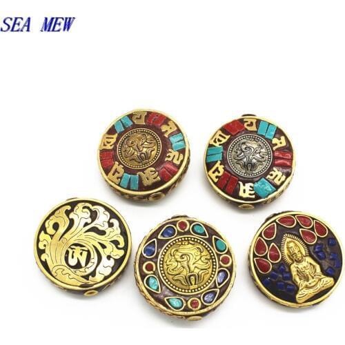 SEA MEW 5PCS 29mm Copper Beads Vintage Nepal Beads Flat Bead 2.1mm Hole Beads For Jewelry Making