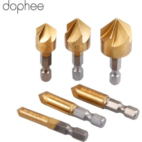 Dophee 5 Flute 6-19mm Titanium Steel Countersink Drill Bits Set 1/4" Hex Shank 90 Degree Chamfer Cutter Woodworking Tools 6Pcs