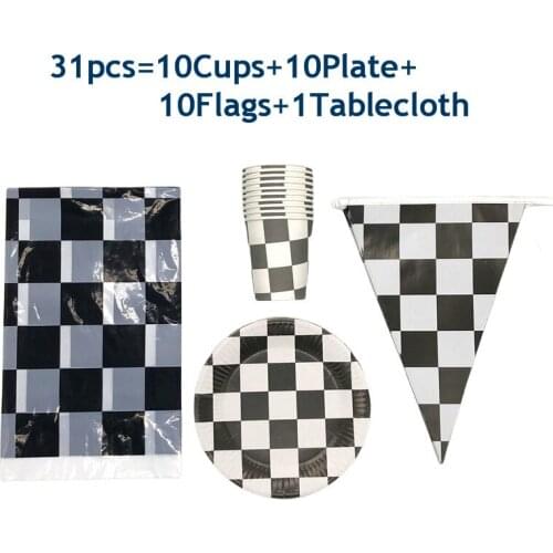 Racing Car Driving Disposable Tableware Black White Tablecloth Banner Paper Plates Cup Napkin Set Boy Birthday Party Decor