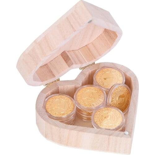 Spanish Gold Wedding Coins Arras de Boda Unity Coins Set With Heart Shape Wood Box Wedding Ceremony Catholic Arrhae Coin Arra