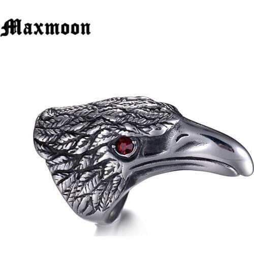 Maxmoon Punk Animal Ring Fashion Eagle Head Plating Silver Color Vintage Jewelry Inlay Black Rings For Man Wholesale Jewelry
