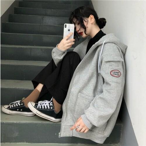 Harajuku casual long-sleeved fall/winter hooded plus fleece couple jacket women loose top tide escape titan top black