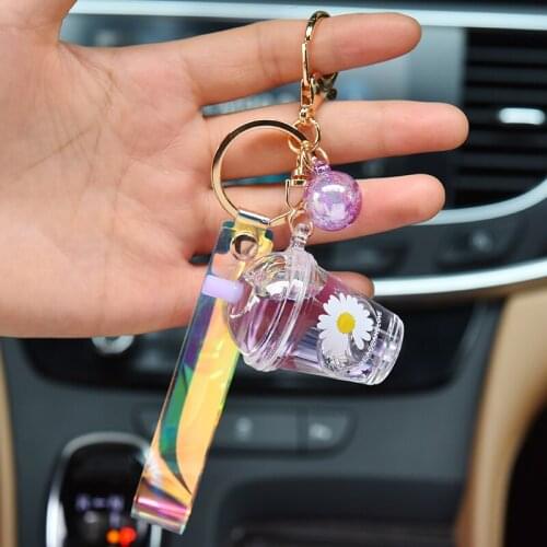 Fashion Milk Tea Cup Keychain Oil Bottle with Lamp Key Ring Bag Pendant for Women Bag Key Chain Jewelry EH146