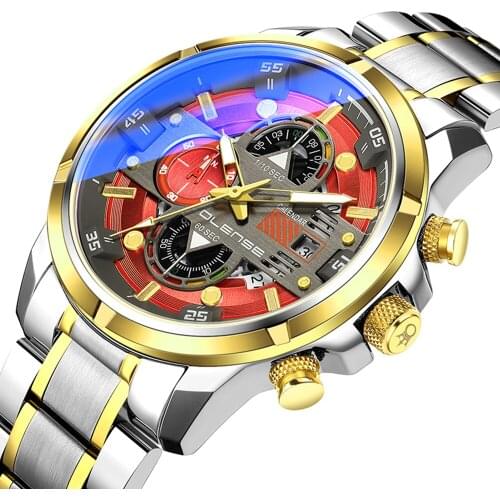 OLENSE 9002 Luxury Gold Red Men Steel Band Waterproof Sports Chronograph Fashion Business Male Clock Quartz Wristwatch