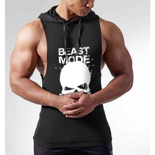 FTTOY Mens Hooded Tops Fitness Vest Fitness Clothing Cotton Sweat-absorbing Print Wear Hooded Tops Sleeveless Hoodies
