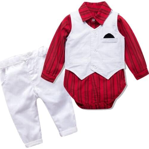 Baby Boy Formal Set Striped Romper + Vest + White Pants Infant Children Fall Outfits Little Boy Baptism Birthday Dress