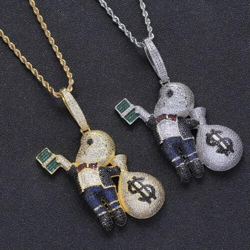 New Fashion Charm Small Size High Quality Brass CZ Stones Cartoon Men Money Bag Necklace Hip Hop Pendant Jewelry Bling Iced Out