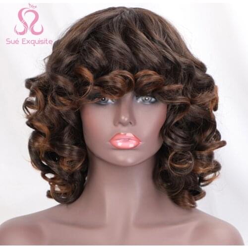 SUe EXQUISITE Short Hair Afro Kinky Curly Wig With Bangs For Black Women Synthetic Cosplay Fluffy Shoulder Length Natural Wigs