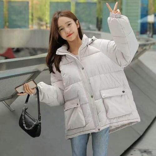 Korean Style Winter Jacket Women Hooded Solid Black White Female Coat Loose Oversized Womens Short Parka