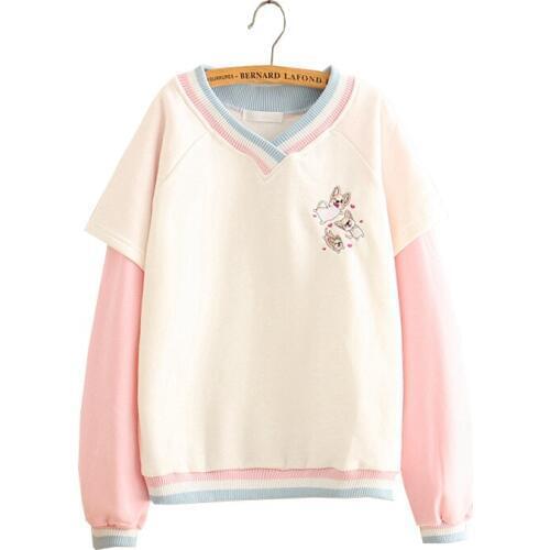 Women Corgi Embroidery Hoodies Sweatshirts Cartoon Kawaii Japanese Loose Harajuku Pullover Top Hoodies