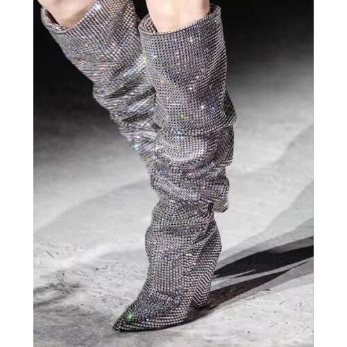 Women Fashion Pointed Toe Bling Bling Crystal Over Knee Boots Rhinestone Women Shoes Cone Heels Wedge Luxury Long Winter Boots