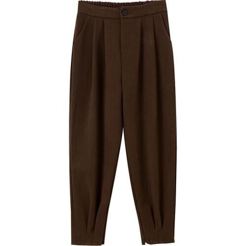 High Street Wool Pants For Women Winter Fall Black Solid Elastic Waist Slim Harem Pant Ankle-length Coffee Woolen Trousers p1001