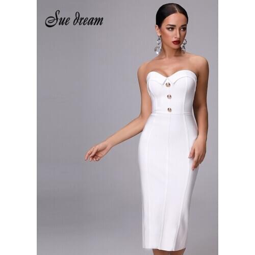 2020 New Summer Bandage Dress Elegant White Sexy Bodycon Ladies Button Strapless Sexy Fashion Club Party Calfskin Dress