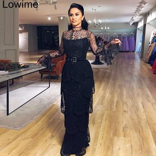 New Fashion Black Long Prom Dress Mermaid Beading Long Sleeves Formal Kaftan Evening Dress With Sashes Tiered Women Party Gowns