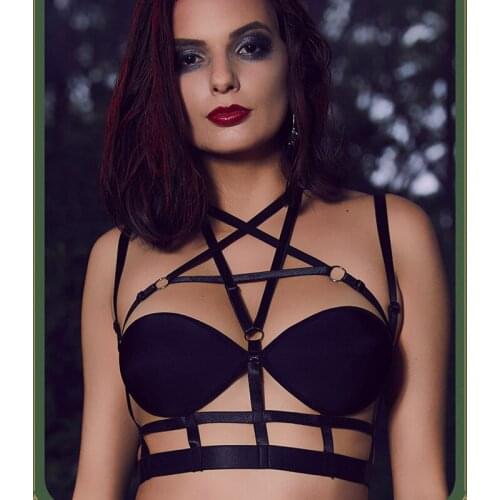 Womens Sexy Lingerie Patent Leather Pentagram Hollow Out Bondage Body Harness Lingerie Belt Bra Fetish Bodysuit Bralette