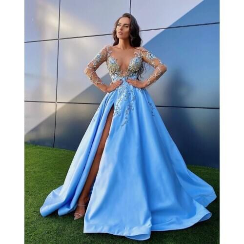 Vestidos Formales 2021 Sky Blue Floral Embroidery A-line Evening Dresses Lace Beaded Sexy Split Long Evening Gowns Full Sleeves
