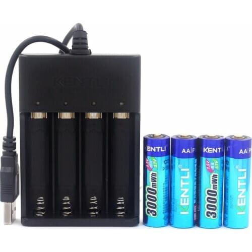 4pcs KENTLI AA 1.5v 3000mWh Li-polymer lithium rechargeable AA battery + USB smart Charger