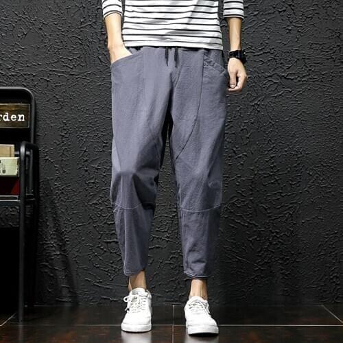Mens Harem Pants Solid Fitness Casual Ankle-Length Mens Trousers Summer Streetwear Cotton Linen Mens Harem Pants Summer Male C