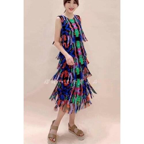 HOT SELLING Miyake print tassel pleated dress sleeveless o-neck one-piece dress IN STOCK