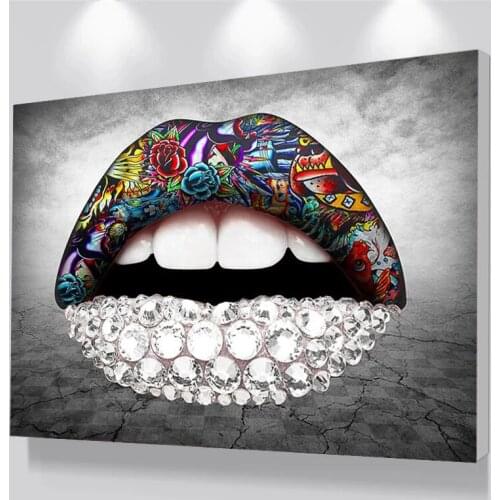 Fashion Art Lipstick on Lip Canvas Painting Graffiti Art Wall Posters and Prints Sexy Lips Decorative Picture Living Room Decor