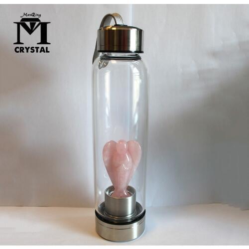 Natural crystal water bottle rose quartz pink angel crystal Gemstone Reiki Healing Crystal Glass Healing Elixir Hand-Carved