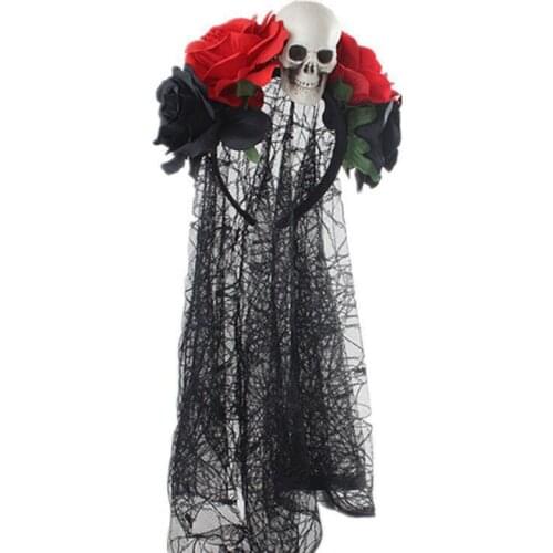 Women Halloween Artificial Rose Flower Skull Face Headband with Black Lace Veil Mexican Day of The Dead Crown Cosplay Hair Hoop