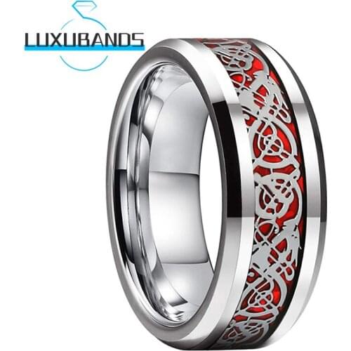 8MM Wedding Bands For Men Women Beveled Edges Tungsten Engagement Rings Red Opal Dragon Inlay Polished Finish Comfort Fit