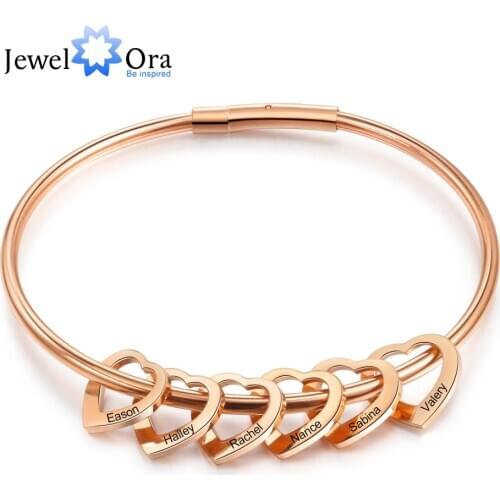 Personalized Rose Gold Color Stainless Steel Bracelets with Heart Charms Custom Engraved Mother Kids Names Bracelets & Bangles