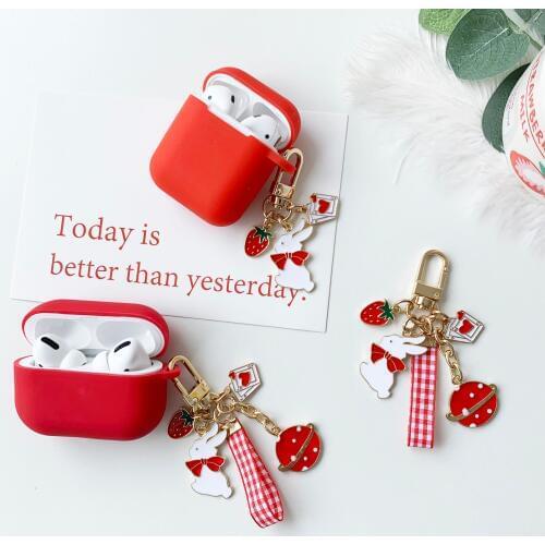 Cute Ribbon Strawberry Bunny Keychain For Apple Airpods Case Ornament Accessories Bluetooth Earphone Silicone Cover Key Ring