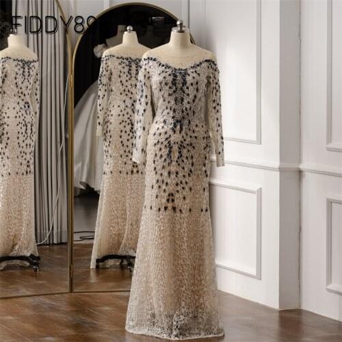 Evening Dresses Long Sleeves A-Line Beaded Prom Dress Tulle Formal Evening Gown For Woman robe de soirée de mariage