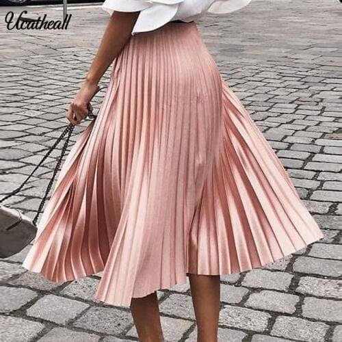 Ucatheall Fashion Design Skirt For Women Elastic High Waist Midi Long Pleated Skirts Female 2020 Spring Faldas Saia