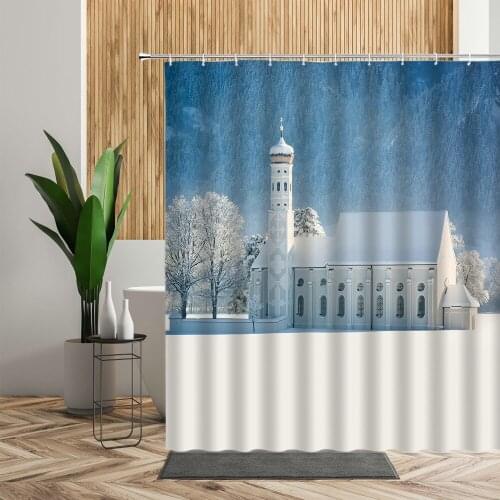 Nordic Style Shower Curtain House Building Snow Landscape Bath Curtains Waterproof Winter Scenery Backdrop Fabric Bathroom Decor