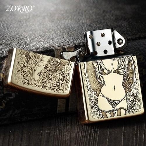 Zorro Lighter Kerosene Machine Five-sided Deep Carving Old-fashioned Windproof Original Copper Engraving Girl Classic Pattern