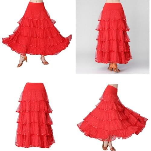 Womens Full Wing Flamenco Ballroom Modern Dance Skirt Full Swing Mesh Skirts