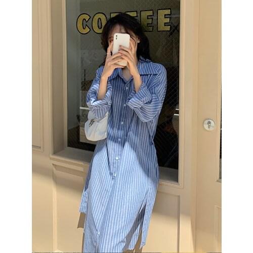 Women Autumn New Fashion Long Single Breasted Striped Dress Office Lady Korean Style Turn Down Collar Vintage Casual Loose Dress