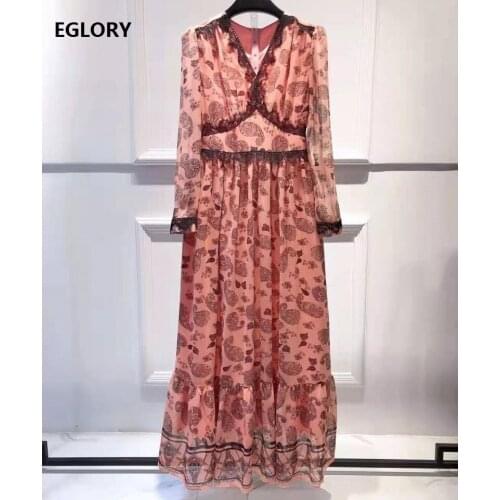 High Quality Brand Long Dress 2021 Spring Summer Clothes Women V-Neck Vintage Floral Print Green Lace Patchwork Long Maxi Dress