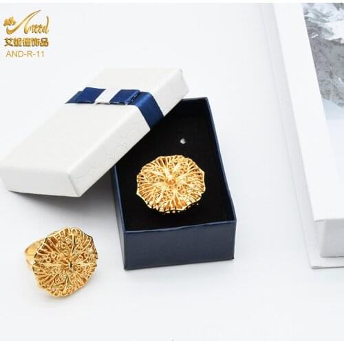 24K Dubai Gold Color Ring For Women Arab Resizable Metal Finger Ring Bridal Indian African Jewelry Gift To Girl