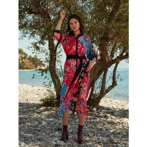 Women Pink Floral Printed Ruffled Belted Midi Shirt Dress Spring Summer Beach Holiday Casual Bohemian Style Dresses 2021 New