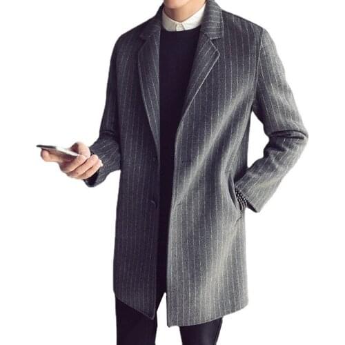 2021 new mens autumn and winter wool coat mens fashion high quality slim classic striped mid-length wool coat Plus size S-5XL